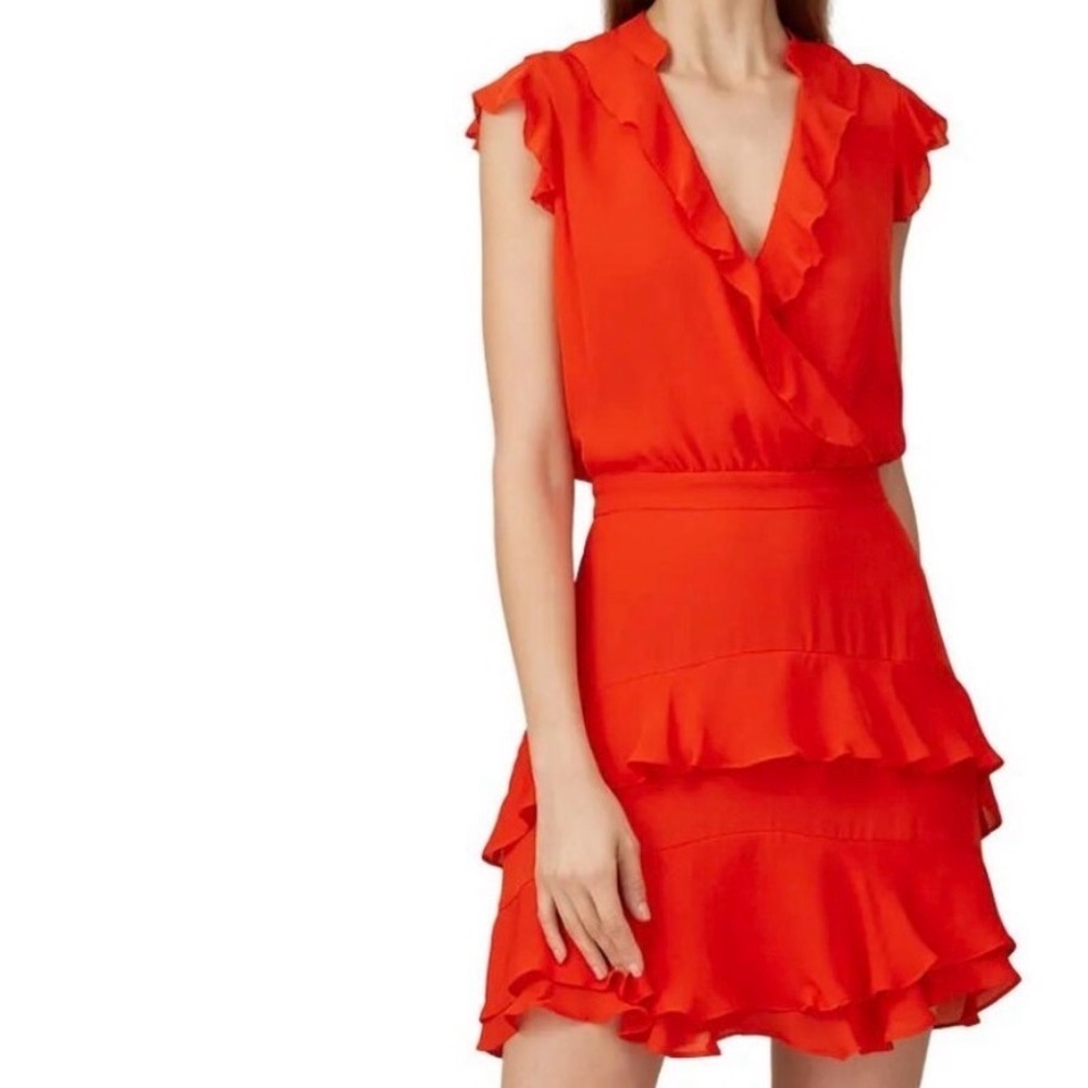 PARKER TANGIA SILK RED FLUTTER CAP SLEEVE FIT & FLARE RUFFLE DRESS WOMENS SZ 0
